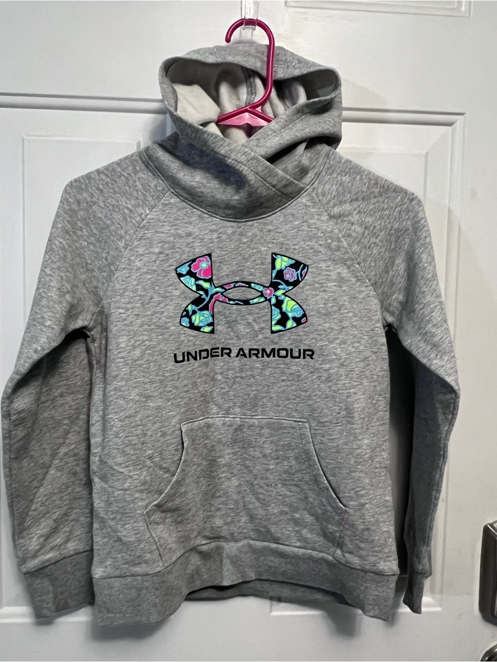 Under Armour Girls Youth Medium Gray Rival Fleece Hoodie Floral Bow YMD
